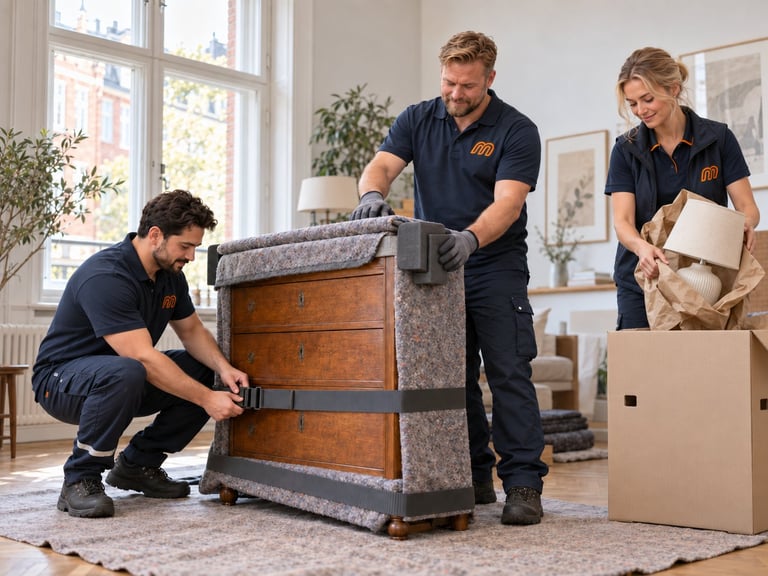 Four moving company workers wrapping a wooden dresser with gray padding in a bright residential room with moving boxes nearby.