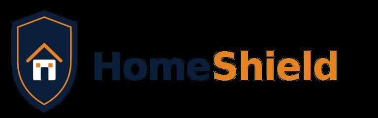 HomeShield logo featuring a shield with a house icon and text