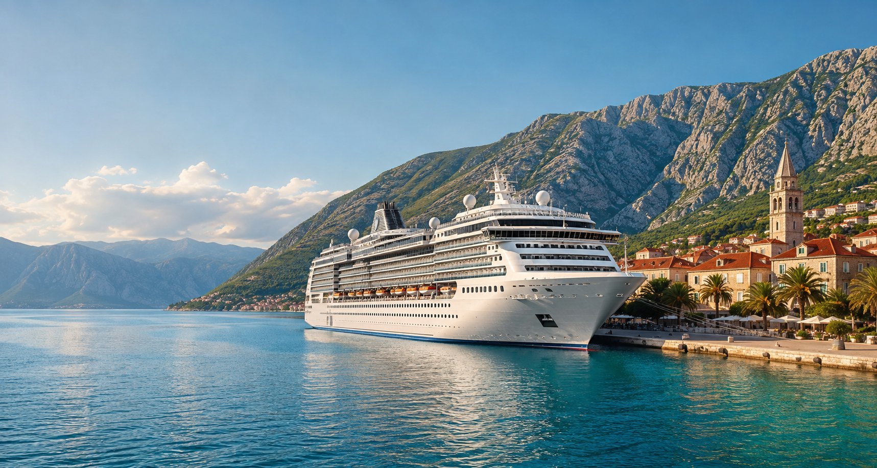 Large white cruise ship anchored in turquoise Mediterranean waters near a coastal town with mountains and a church spire