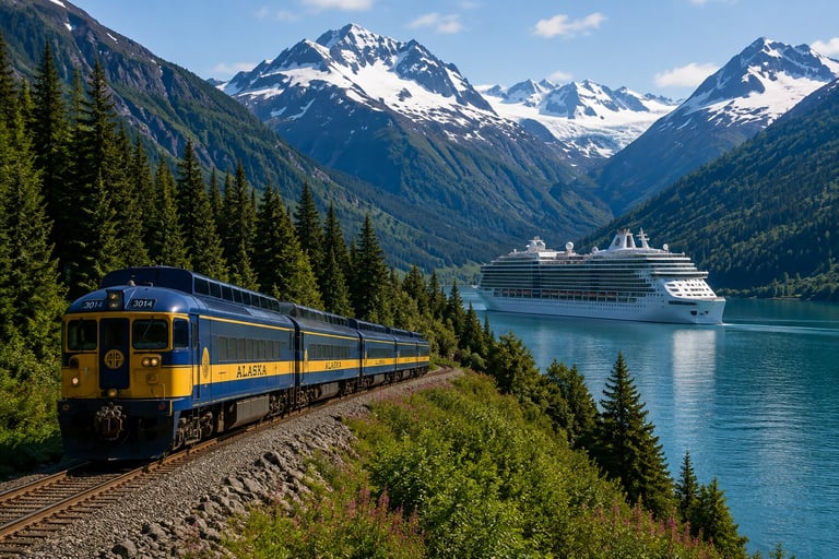 Blue and yellow passenger train traveling along a mountain railway beside a turquoise alpine lake with a cruise ship and snow-capped peaks