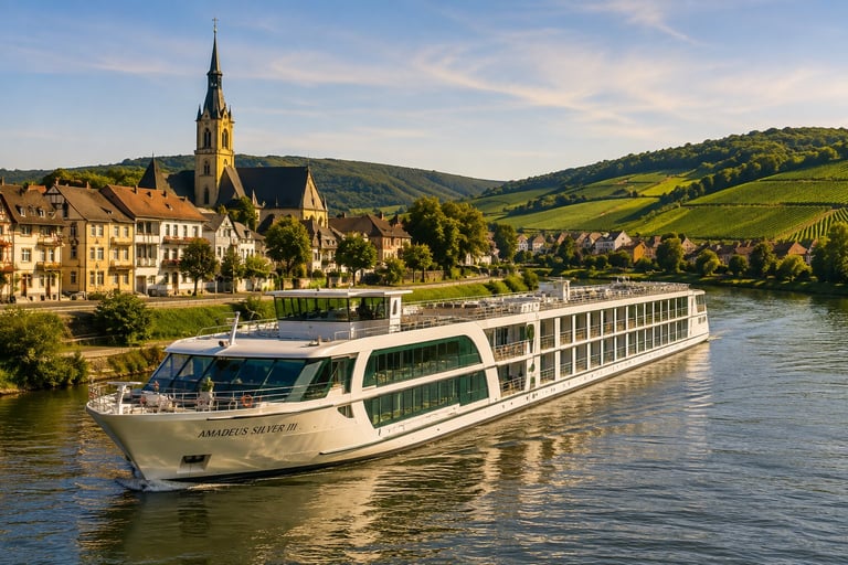 River cruise ship passing a charming European riverside village with a church spire, vineyards and rolling hills