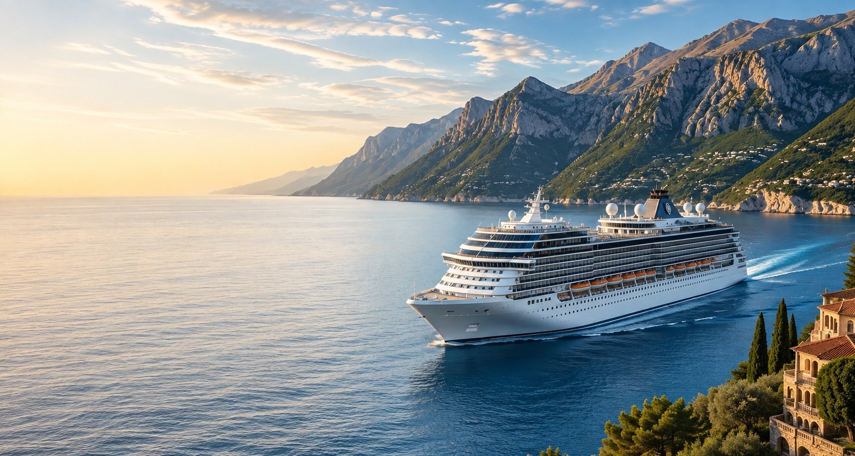 Luxury cruise ship sailing through a scenic coastal destination