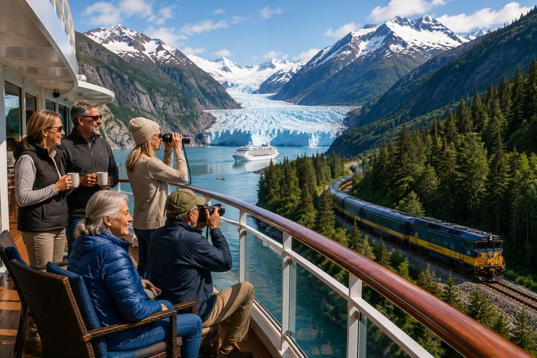 Group of adult travelers on a cruise ship balcony viewing snowy mountains, a glacier-fed lake and a passing train through the open air