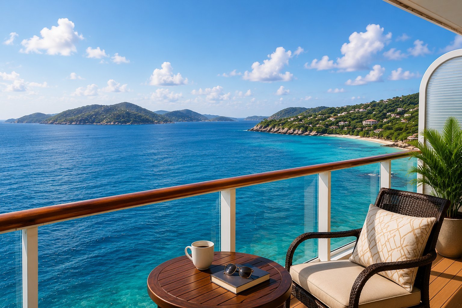 Luxury cruise ship balcony overlooking turquoise Mediterranean sea with island coastline and mountains in the distance