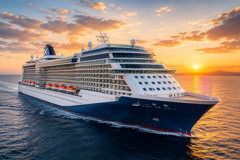Large cruise ship sailing at sunset with golden sky and calm ocean waters