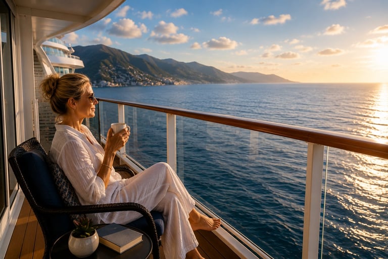 Woman in a white dress sitting on a cruise ship balcony, enjoying a coffee with scenic coastal mountains and sparkling ocean in the background
