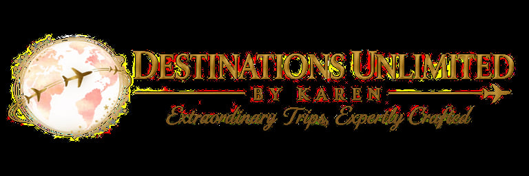 Destinations Unlimited by Karen logo with gold text, decorative border, and tagline Extraordinary Trips, Expertly Crafted