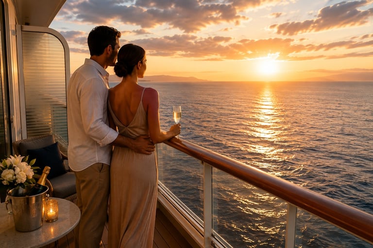 Couple watching the sunset on a cruise ship balcony, holding champagne glasses with ocean and golden sky in the background
