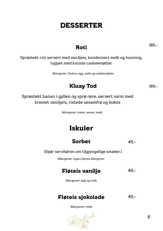 Dessert menu featuring Roti and Kluay Tod at 189 kr each, and ice cream options including Sorbet, Vanilla and Chocolate at 49 kr each