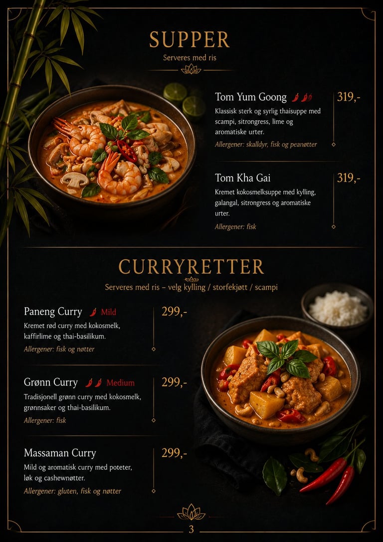 Menu page featuring Thai supper and curry dishes with food images, descriptions, prices, and golden decorative border elements