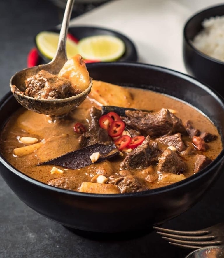 Bowl of beef curry with tender meat pieces, potatoes, and sliced red chilies, served with a spoon and rice bowls in the background