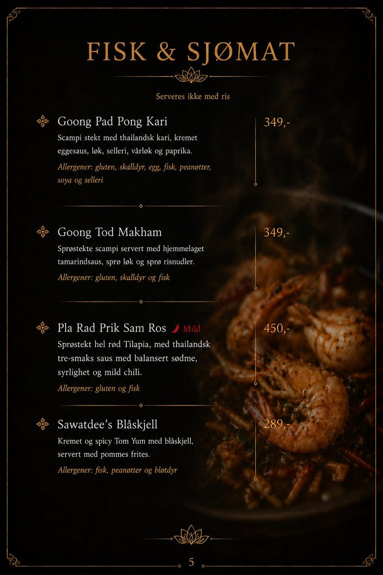 Restaurant menu page for fish and seafood dishes, featuring Thai cuisine items with prices, with decorative gold text on dark background and food photography