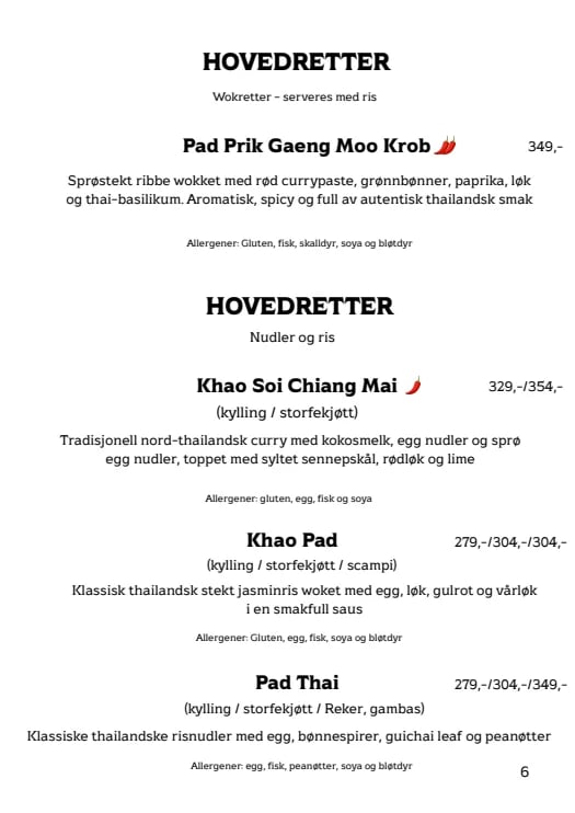 Menu page showing Thai main dishes including Pad Prik Gaeng Moo Krob, Khao Soi Chiang Mai, Khao Pad and Pad Thai with prices and descriptions in Norwegian