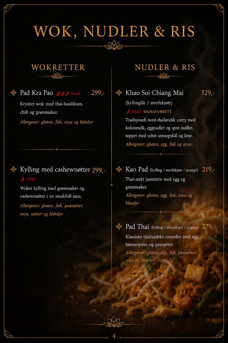 Restaurant menu page for Wok, Nudler & Ris featuring Thai wok and noodle dishes with prices and ingredients