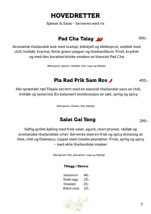 Menu page showing Thai appetizers and salads including Pad Cha Talay, Pla Rad Prik Sam Ros and Salat Gai Yang with prices in Norwegian