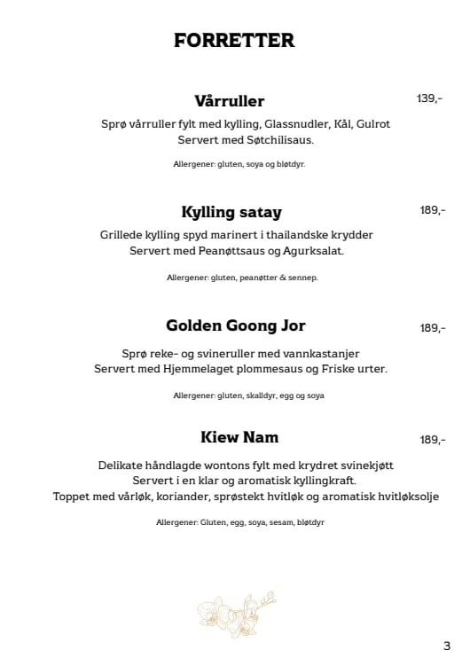 Menu page titled Forretter showing four appetizer dishes including Vårruller, Kylling satay, Golden Goong Jor and Kiew Nam with Norwegian descriptions and prices ranging from 139 to 189 kroner