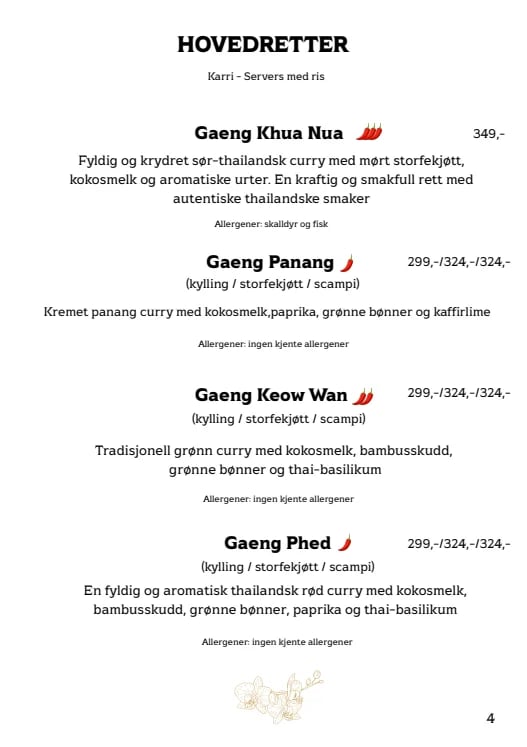 Menu page showing Thai curry dishes including Gaeng Khua Nua, Gaeng Panang, Gaeng Keow Wan and Gaeng Phed with descriptions and prices in Norwegian