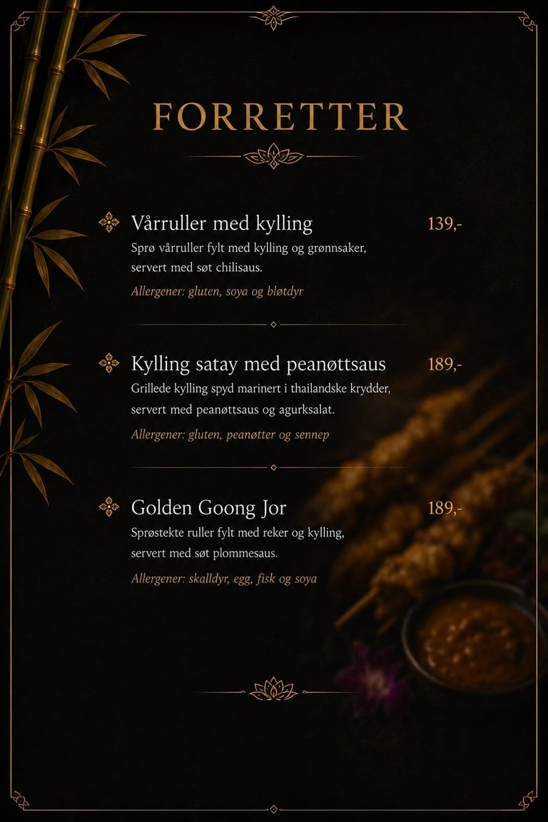 Menu page titled FORRETTER with three appetizer dishes in Norwegian, decorated with bamboo illustrations and ornamental borders