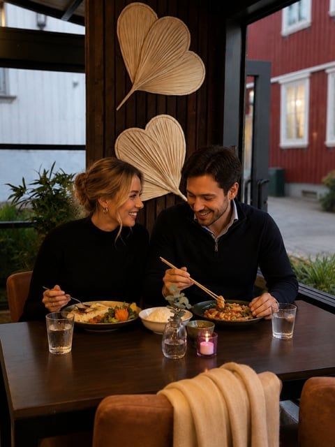 A couple dining together at a table with decorative leaf wall art, sharing meals with glasses of water in a modern restaurant setting.