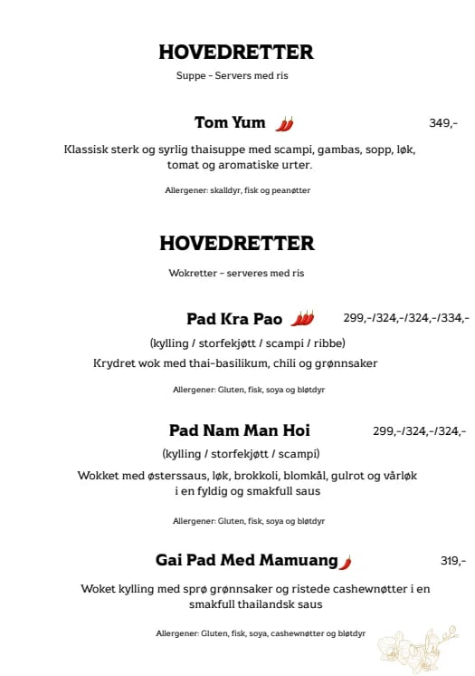 Menu page showing Thai main dishes including Tom Yum, Pad Kra Pao, Pad Nam Man Hoi and Gai Pad Med Mamuang with prices and allergen information in Norwegian