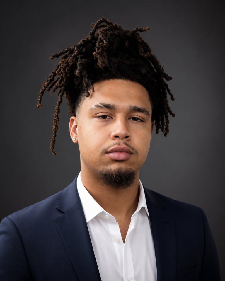 Professional portrait of a man with dreadlocks wearing a dark blazer and white shirt against a gray background