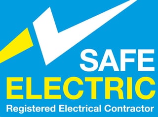 Safe Electric logo featuring white checkmark and yellow lightning bolt on blue background with Registered Electrical Contractor text