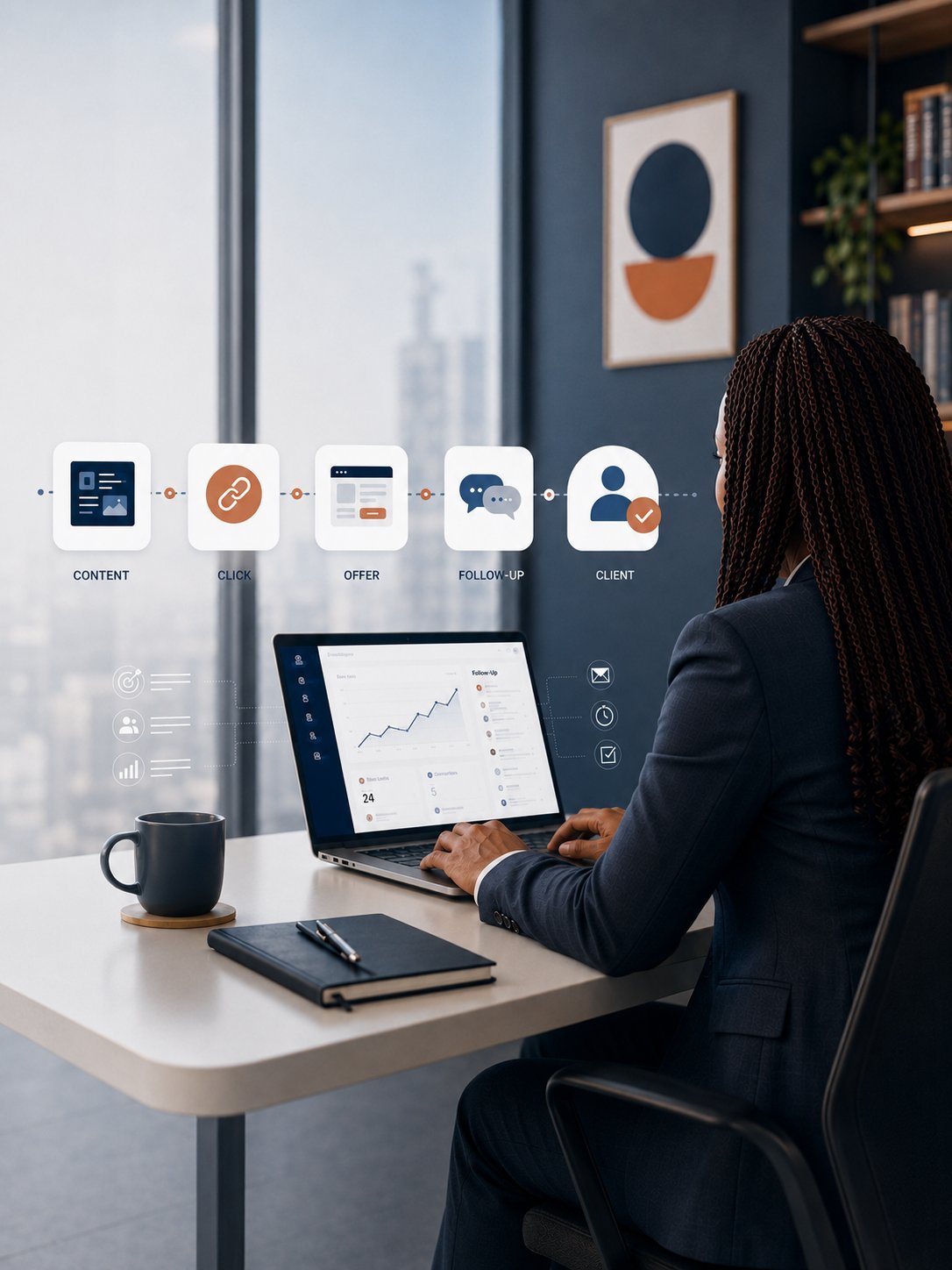Professional woman working on laptop with digital marketing workflow icons displayed above, cityscape visible through office window