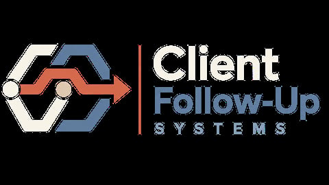 Client Follow-Up Systems logo with hexagonal arrow icon in blue and orange colors