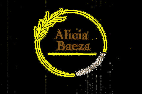 Alicia Baeza logo with yellow circular wheat wreath design and brown text on dark background