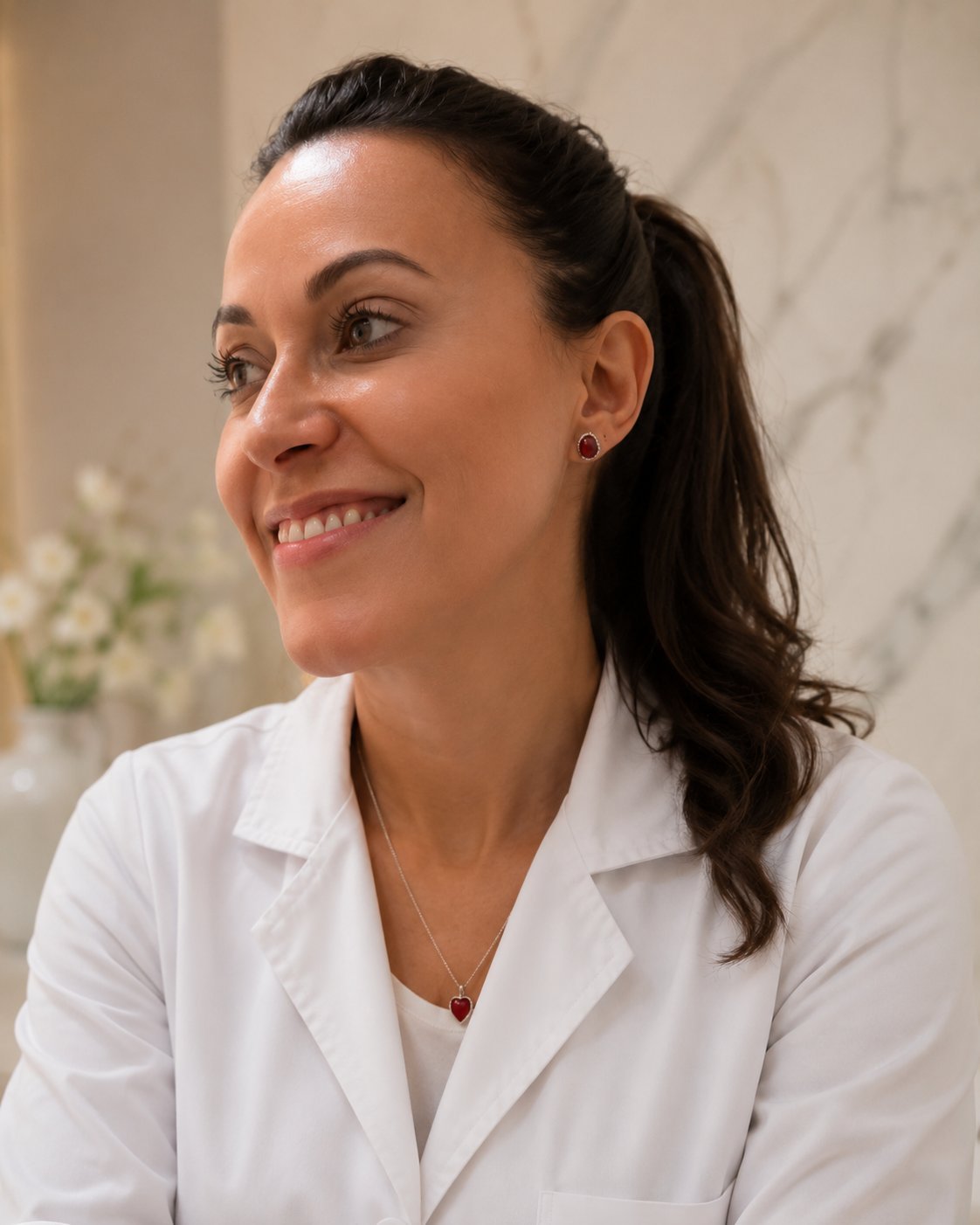 Woman with dark hair wearing a white lab coat and red pendant necklace, smiling and looking to the side in a clinical setting