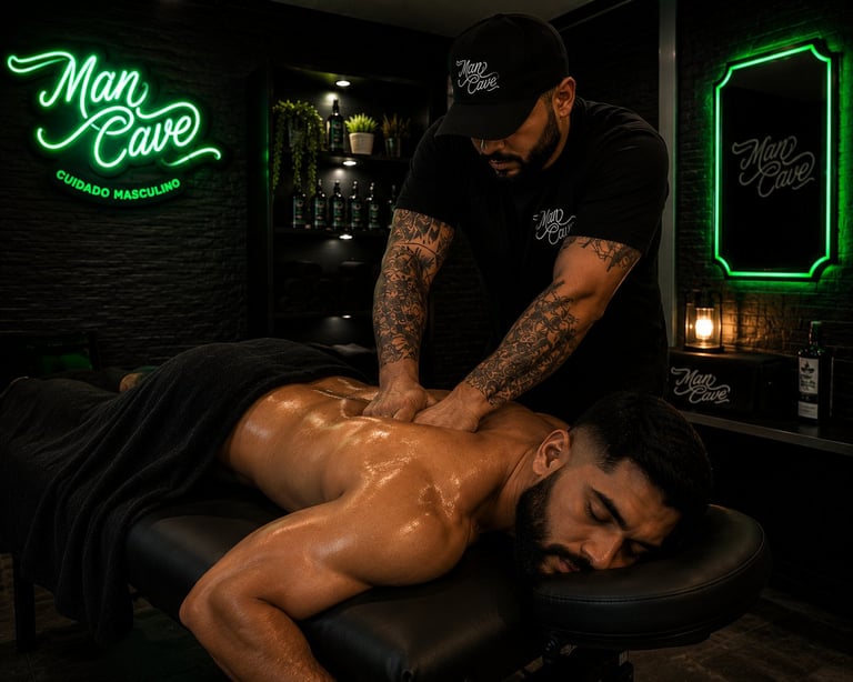 Massage therapist performing deep tissue massage on male client in modern spa with neon Man Cave signage