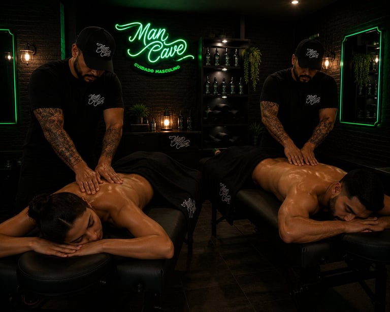 Two masseurs performing deep tissue massages on shirtless clients in a dimly lit spa with Man Cave neon sign