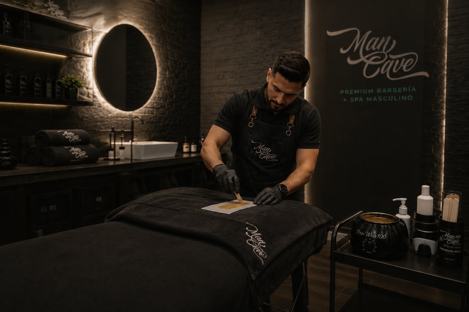 Barber wearing dark apron working on a black garment at his workstation with illuminated mirror and branded signage