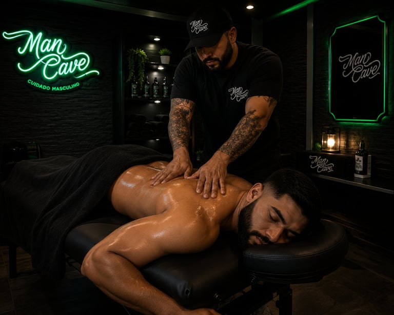 Massage therapist performing deep tissue massage on a shirtless man in a Man Cave spa with neon green signage