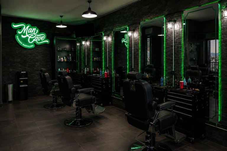 Modern barber shop with green neon signs, black mirrors with lighting, multiple barber chairs, and dark brick walls