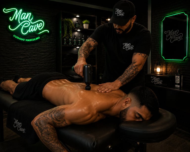 Massage therapist performing deep tissue massage on tattooed client at Man Cave establishment