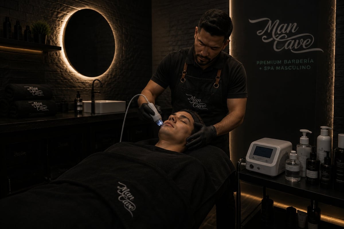 Barber performing facial treatment on male client at Man Cave barbershop with illuminated mirror and skincare products visible