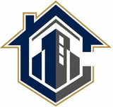 Crespo Landmark Construction LLC logo featuring house shape with building icon and gold trim