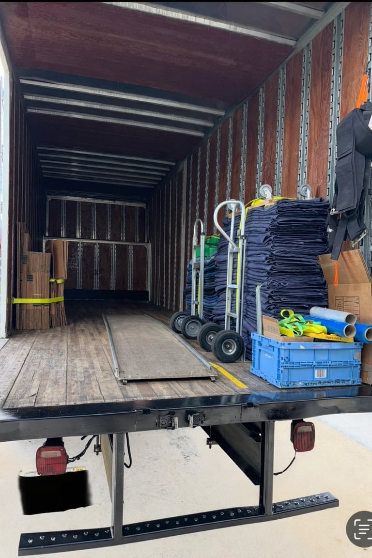 Open shipping container loaded with stacked blue tarps, cardboard boxes, and equipment on a hand truck