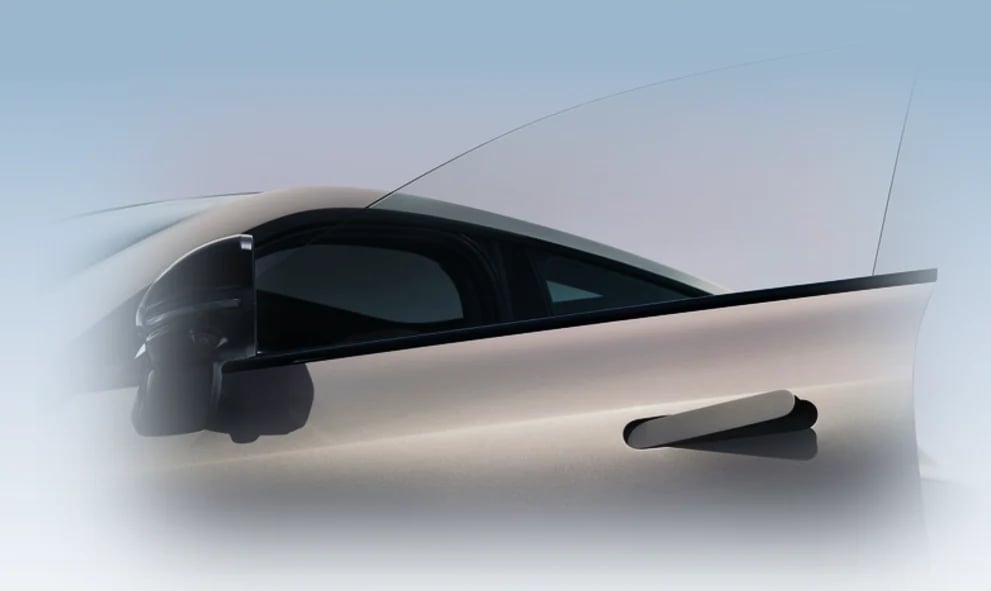 Sleek, modern car design concept rendered in grayscale with aerodynamic curves and minimalist styling