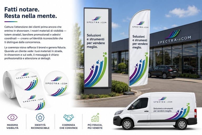 Spectra.com corporate branding showcasing logo on storefront, delivery van, and promotional materials with colorful wave design