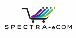 Spectra-eCOM logo featuring a shopping cart with colorful diagonal lines in purple, blue, teal, and green