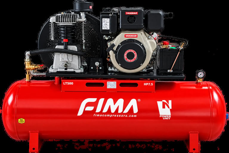 Red FIMA brand diesel air compressor with mounted engine and large horizontal tank on black background