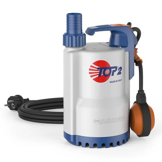 White and blue Pedrollo submersible pump with power cord and orange float switch attached
