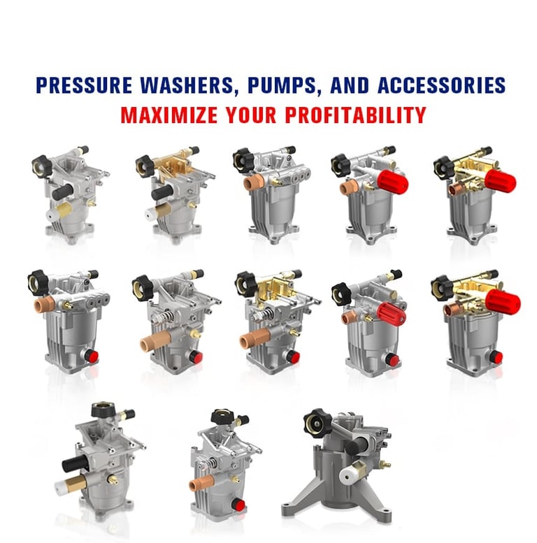 Catalog of pressure washers, pumps, and accessories in various metallic finishes with red components for maximizing profitability