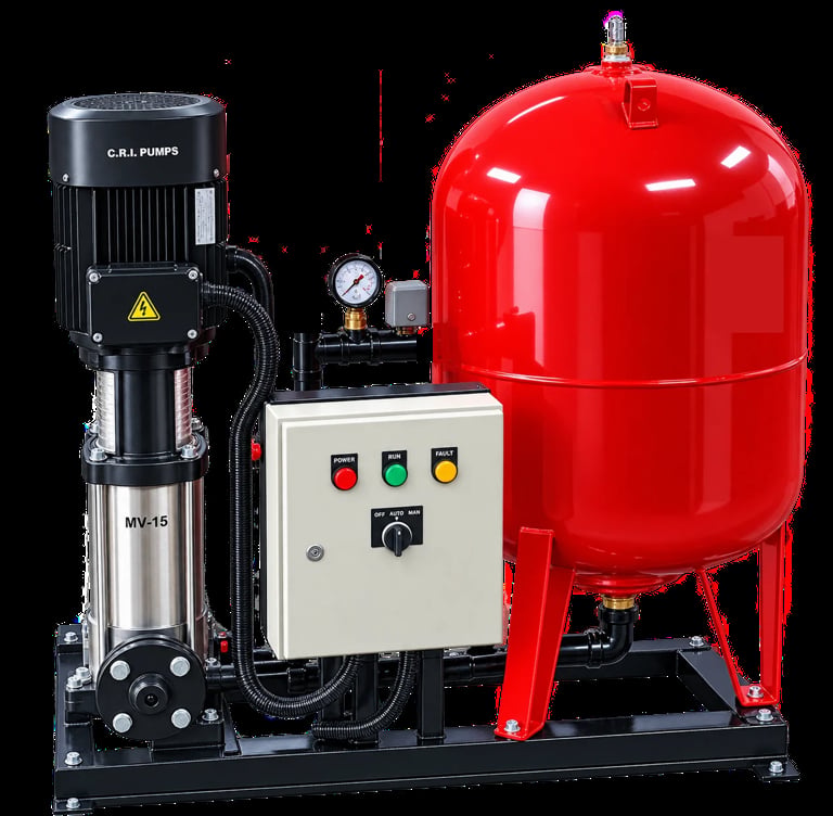 Industrial water pump system with black vertical pump, control panel with buttons and gauges, connected to large red pressure tank