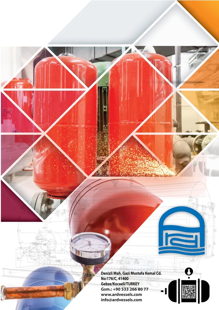 Industrial pressure vessels and piping equipment with company contact information and QR code for Artvessels