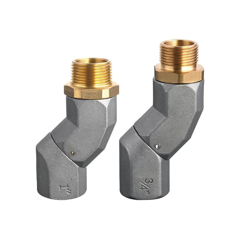 Two gray metal elbow pipe connectors with brass threaded ends, different sizes, isolated on white background