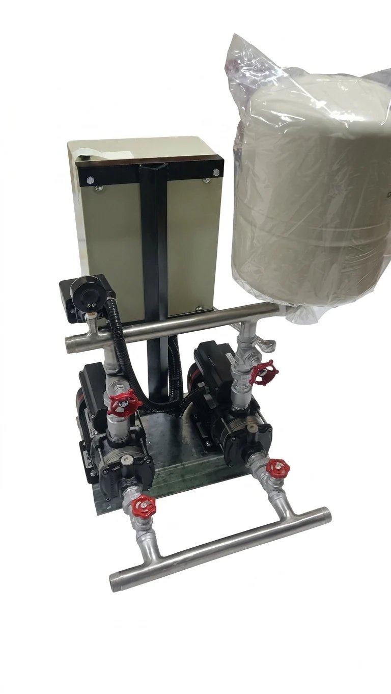 Industrial hydraulic pump system with tan control box, wrapped cylindrical tank, and red valve fittings on metal frame