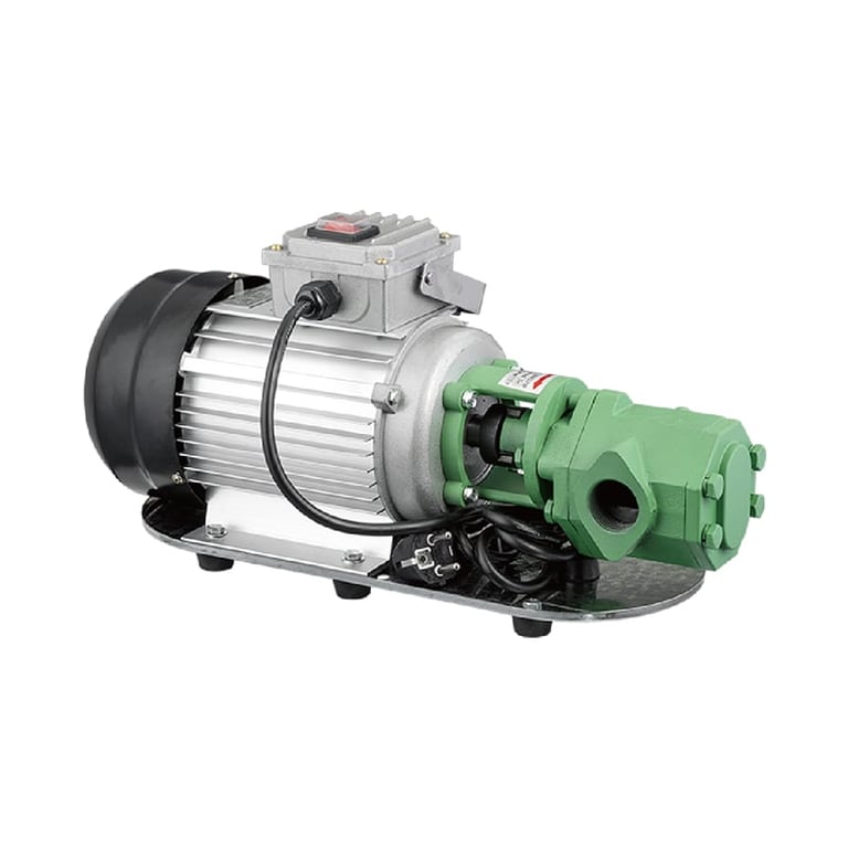 Industrial electric pump with green motor housing and silver ribbed pump body on black mounting base
